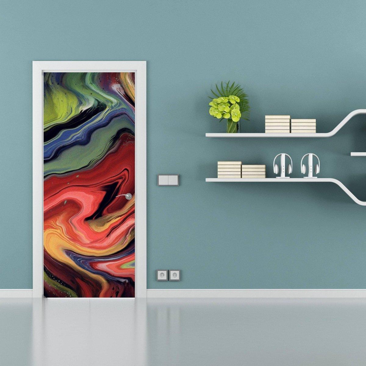 3D abstract vinyl door mural sticker featuring vibrant swirling colors on a door in a modern room setting.