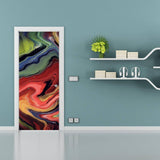 3D abstract vinyl door mural sticker featuring vibrant swirling colors on a door in a modern room setting.