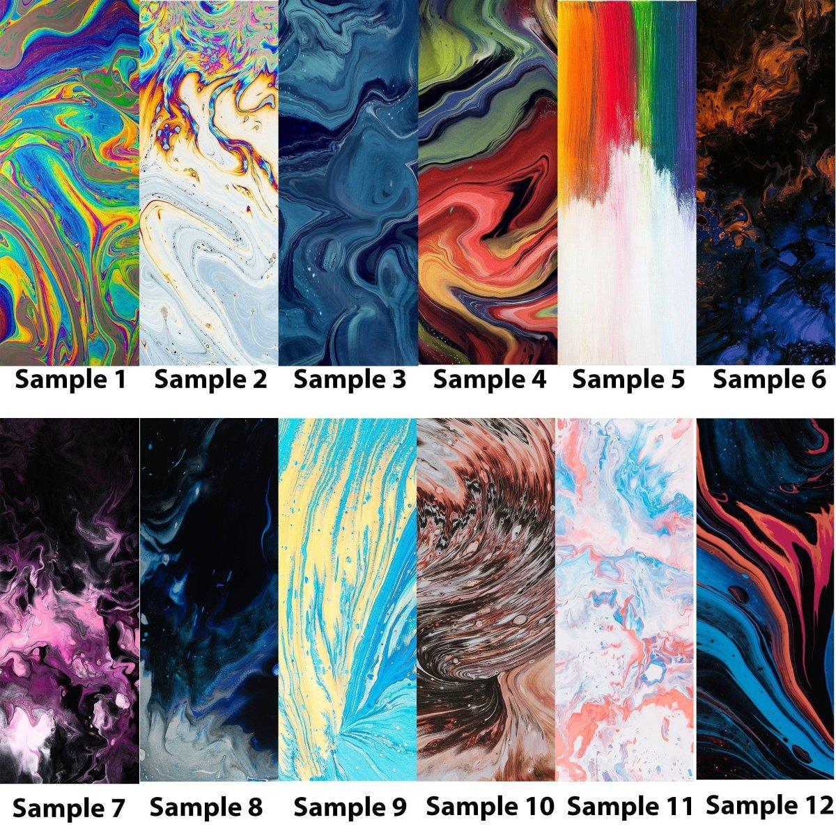 Colorful samples of abstract vinyl designs for door murals, showcasing vibrant swirls and artistic patterns.