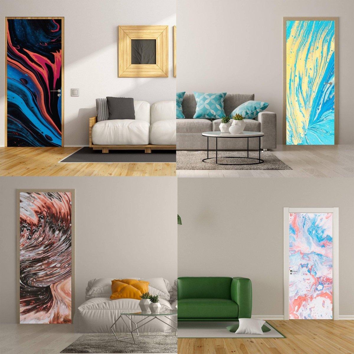 Creative 3D abstract vinyl door murals displayed in modern interiors, showcasing vibrant colors and artistic designs.