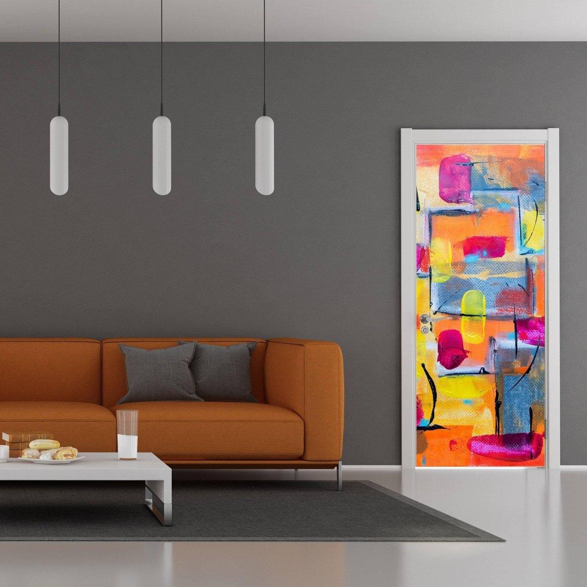 Vibrant 3D abstract door wrap sticker transforming a modern living room decor.