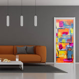 Vibrant 3D abstract door wrap sticker transforming a modern living room decor.