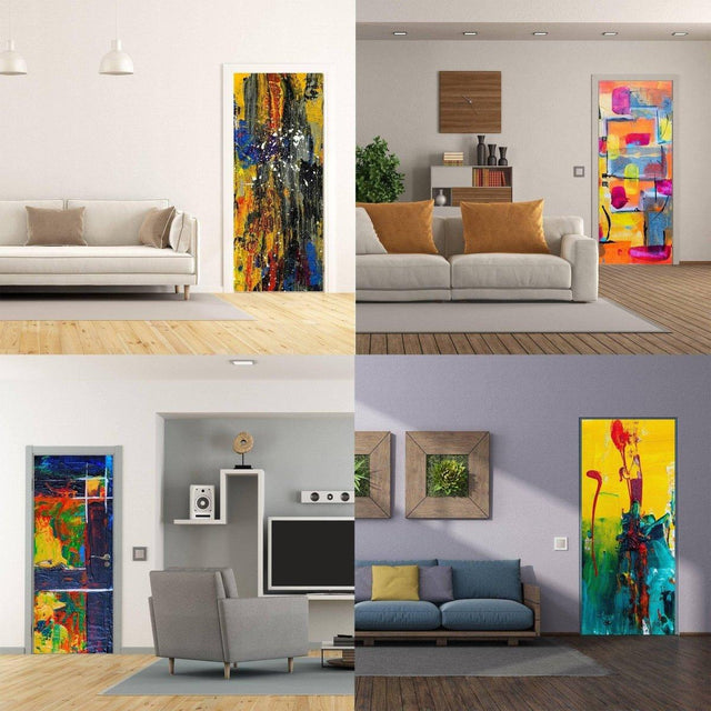 Abstract 3D door mural Design 1 shown in four interior settings