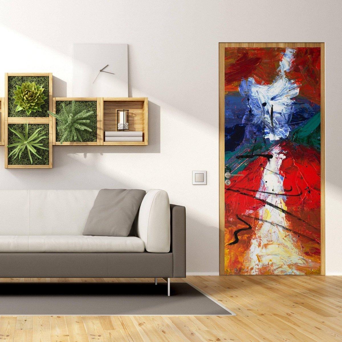 Vibrant 3D Abstract Door Wrap Kit transforming a living room, showcasing colorful vinyl art decor.