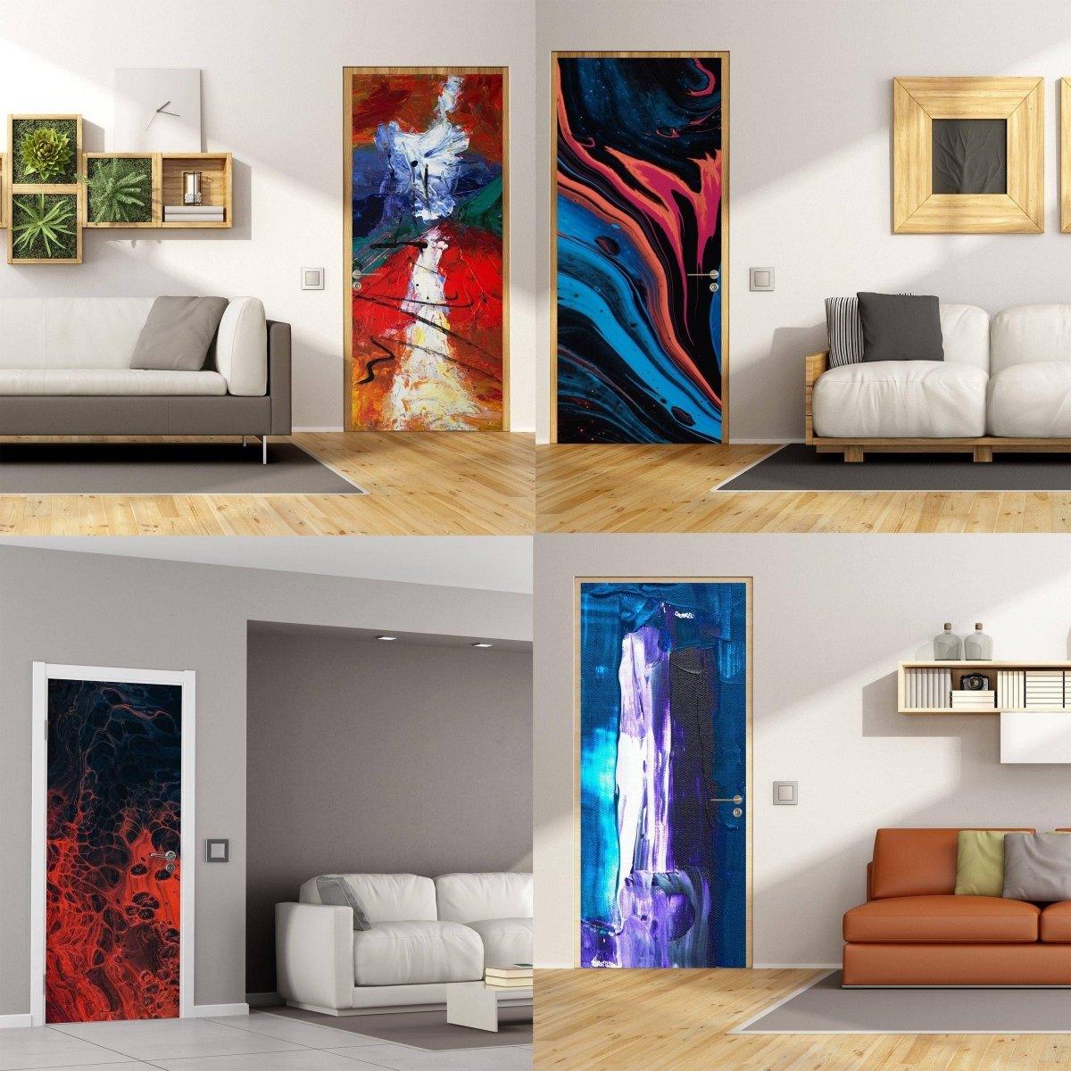 4 stylish room setups featuring 3D abstract door wrap designs for creative home decor.