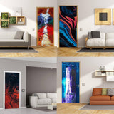 4 stylish room setups featuring 3D abstract door wrap designs for creative home decor.