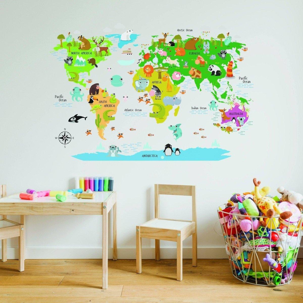 Colorful world map wall decal featuring animals.