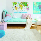 Kids room featuring a colorful world map wall decal.