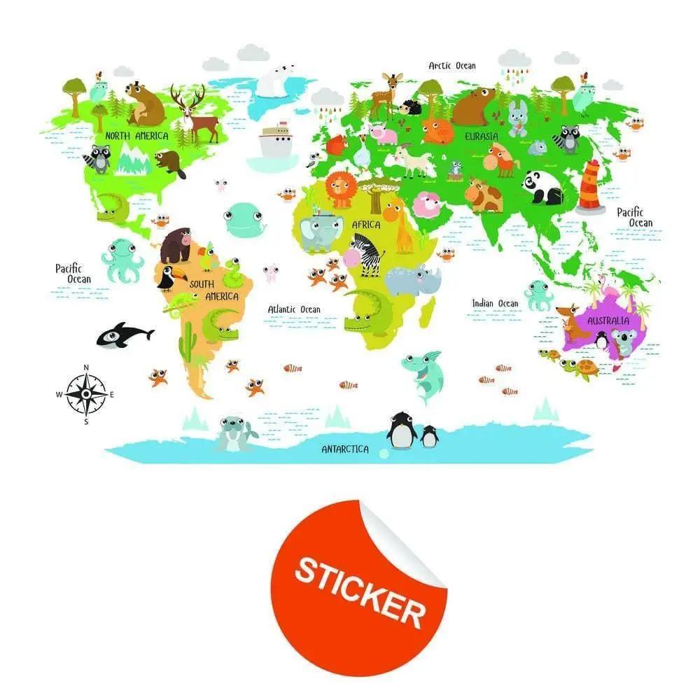 Colorful kids world map wall decal featuring animals and oceans.