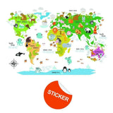 Colorful kids world map wall decal featuring animals and oceans.