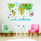 Colorful world map wall decal for kids featuring animals and oceans.