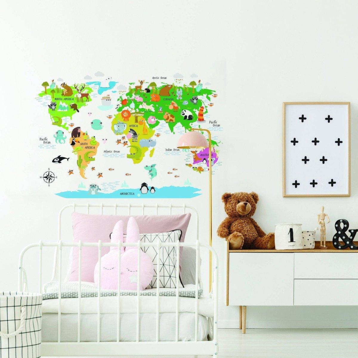 Kids world map wall decal featuring animals and icons.