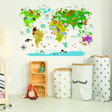 Kids world map wall decal featuring colorful animals and continents.