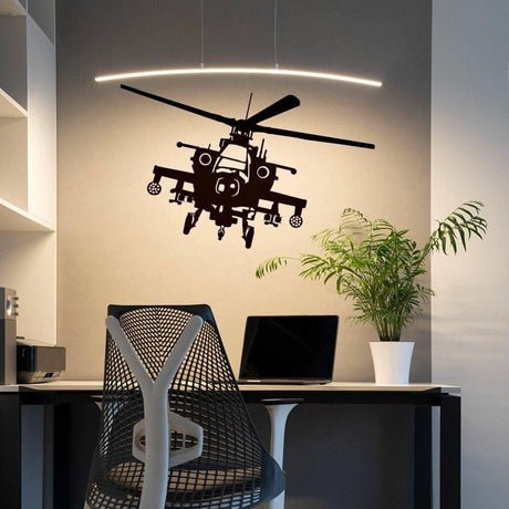 Aviator Dream Helicopter Wall Decal in a modern office setting, showcasing a sleek black design above a desk.