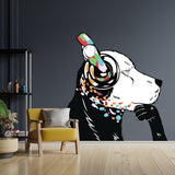 Dog with colorful headphones wall sticker for modern home decor.