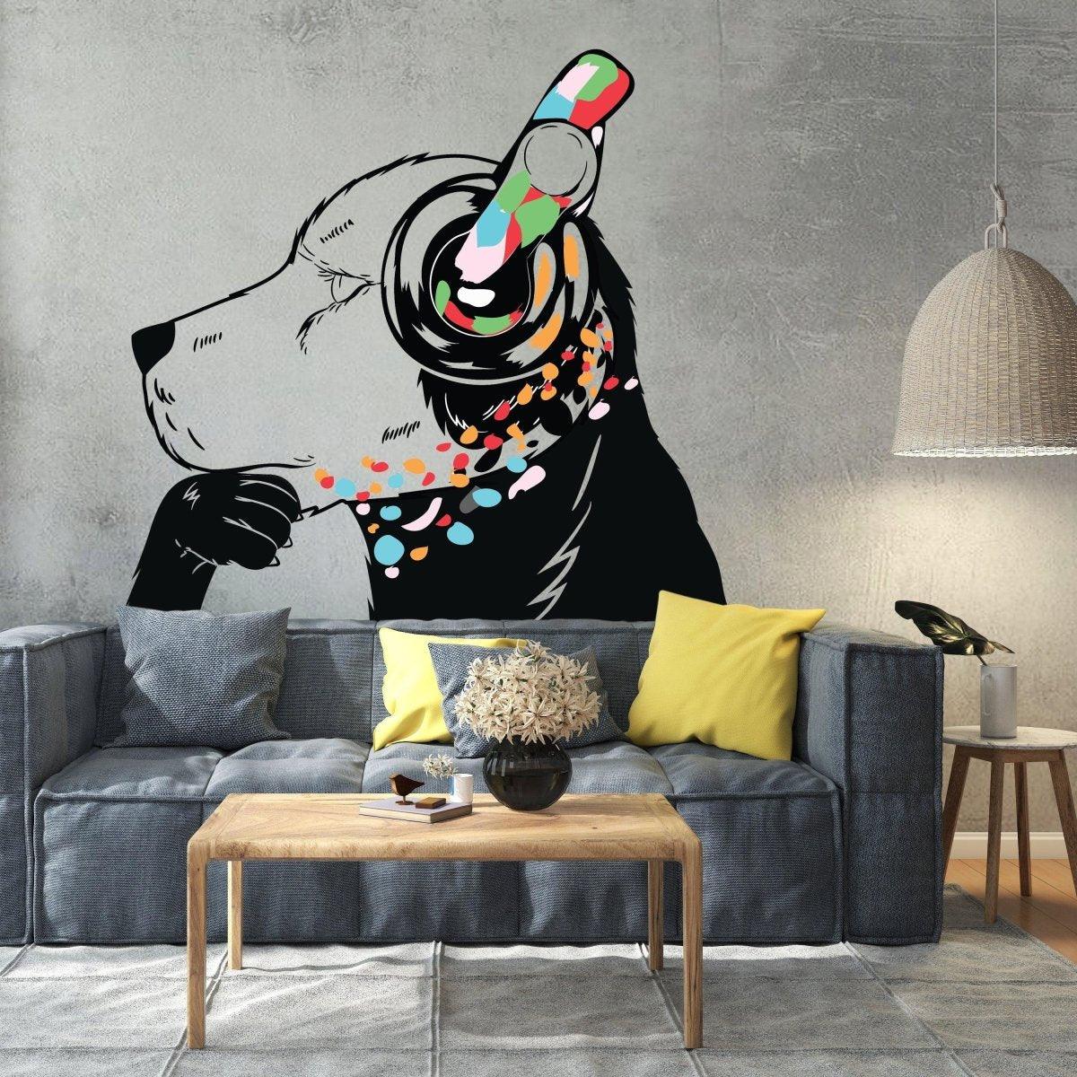 Dog with headphones street art wall sticker displayed in a stylish living room.