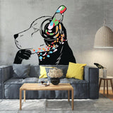 Dog with headphones street art wall sticker displayed in a stylish living room.