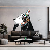 Dog with headphones street art wall decal displayed in a modern living room.