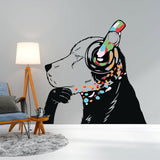 Dog in headphones wall decal, inspired by street art, colorful modern decor for creative spaces.