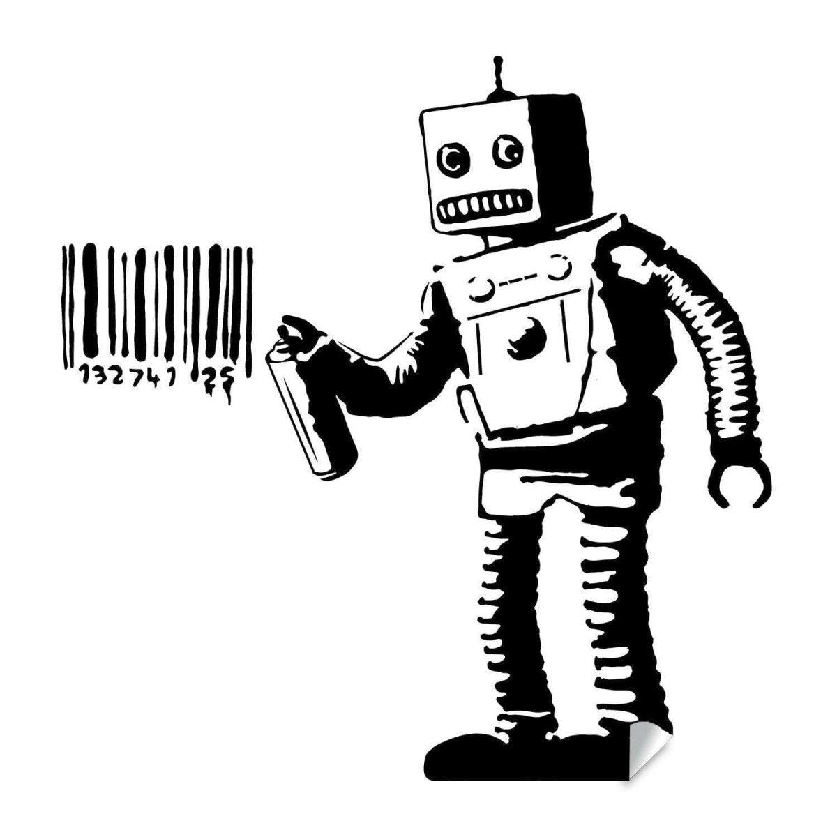 Black and white street art style robot vinyl decal with barcode.