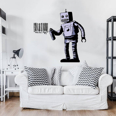 Barcode robot wall sticker displayed above a cozy sofa in a modern interior.