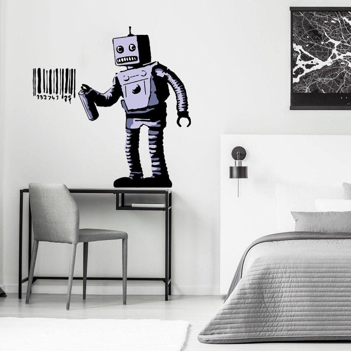 Barcode robot wall vinyl sticker displayed in a modern bedroom.