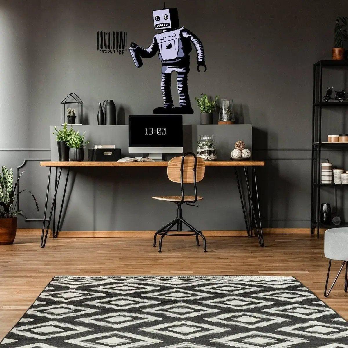 Barcode robot wall vinyl sticker displayed in a modern home office.