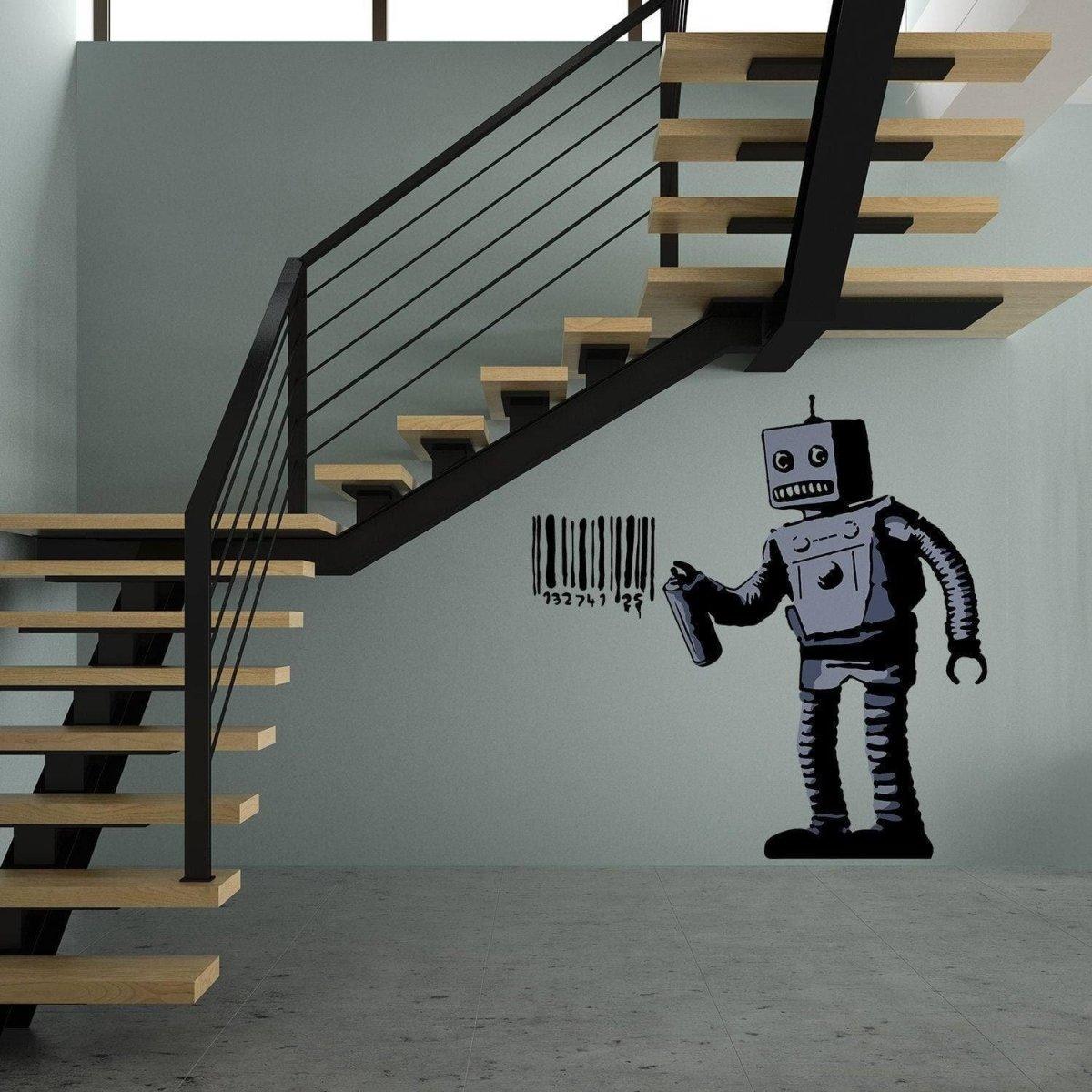 Barcode robot wall vinyl sticker displayed in a modern stairwell.