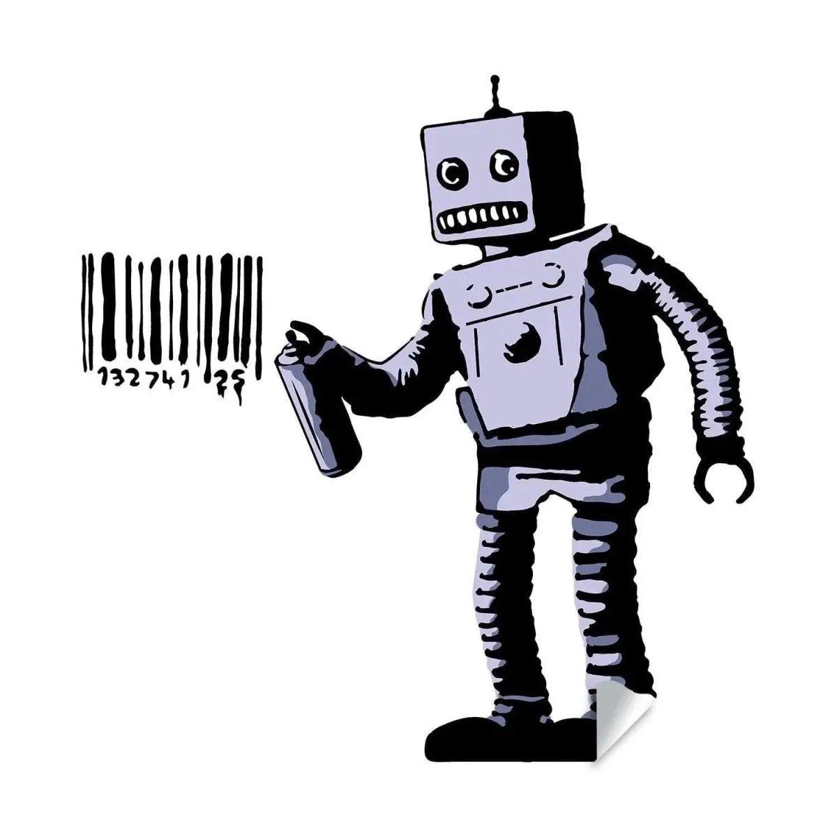 Barcode robot wall vinyl sticker in a black-and-white graffiti style.