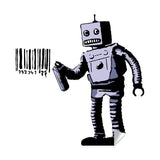 Barcode robot wall vinyl sticker in a black-and-white graffiti style.
