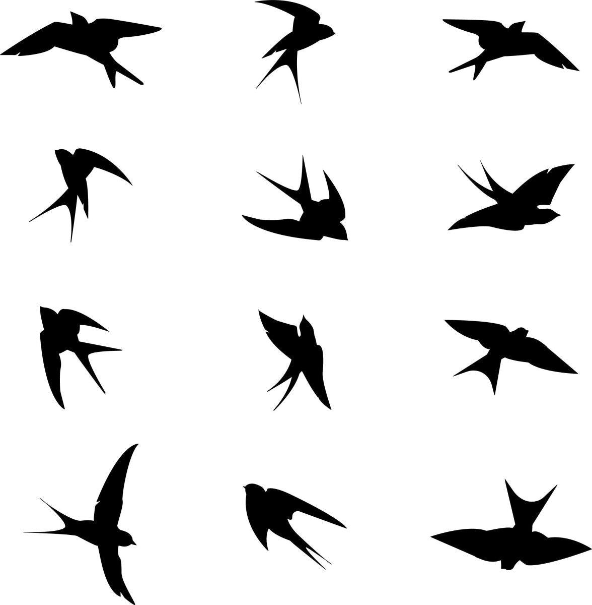 Set of 12 black bird silhouette decals for window protection against bird strikes.