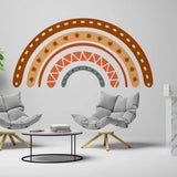 Boho chic multicolor rainbow wall decal above modern chairs in a stylish room setting.