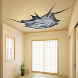 3D ceiling sticker displaying a cracked illusion revealing a blue sky, transforming room decor with optical intrigue.