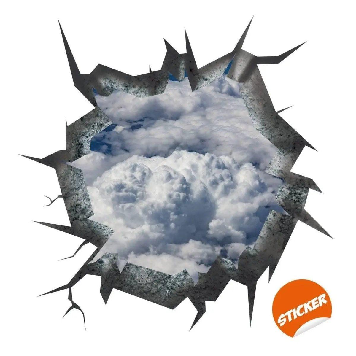 3D ceiling sticker featuring a cracked wall illusion revealing clouds and blue sky.