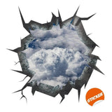 3D ceiling sticker featuring a cracked wall illusion revealing clouds and blue sky.