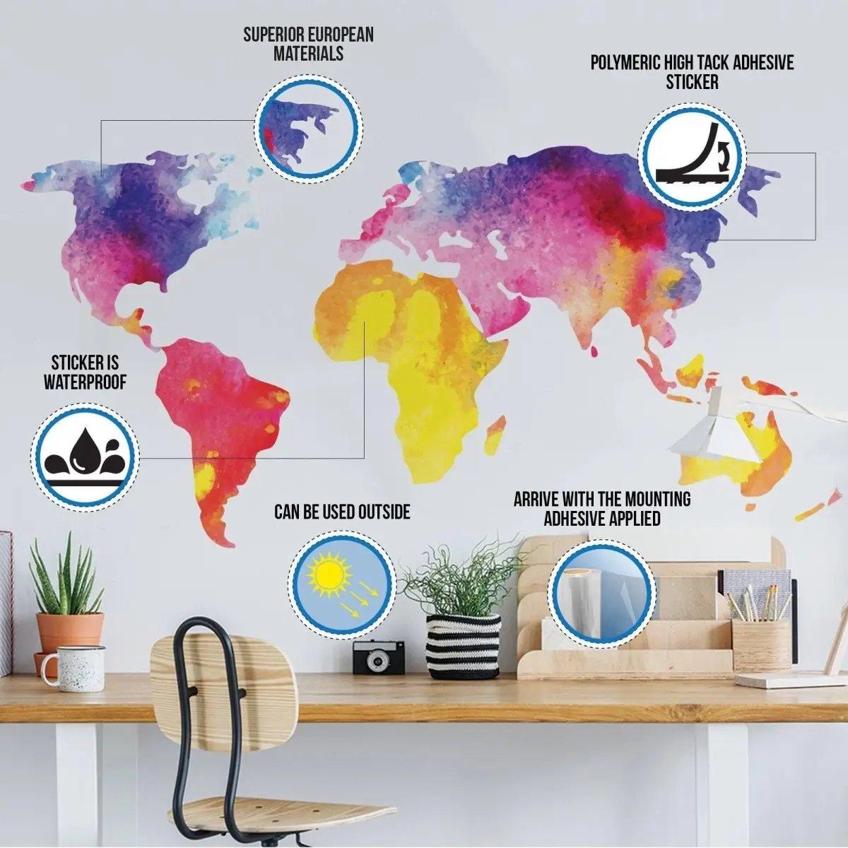 Colorful world map wall decal.