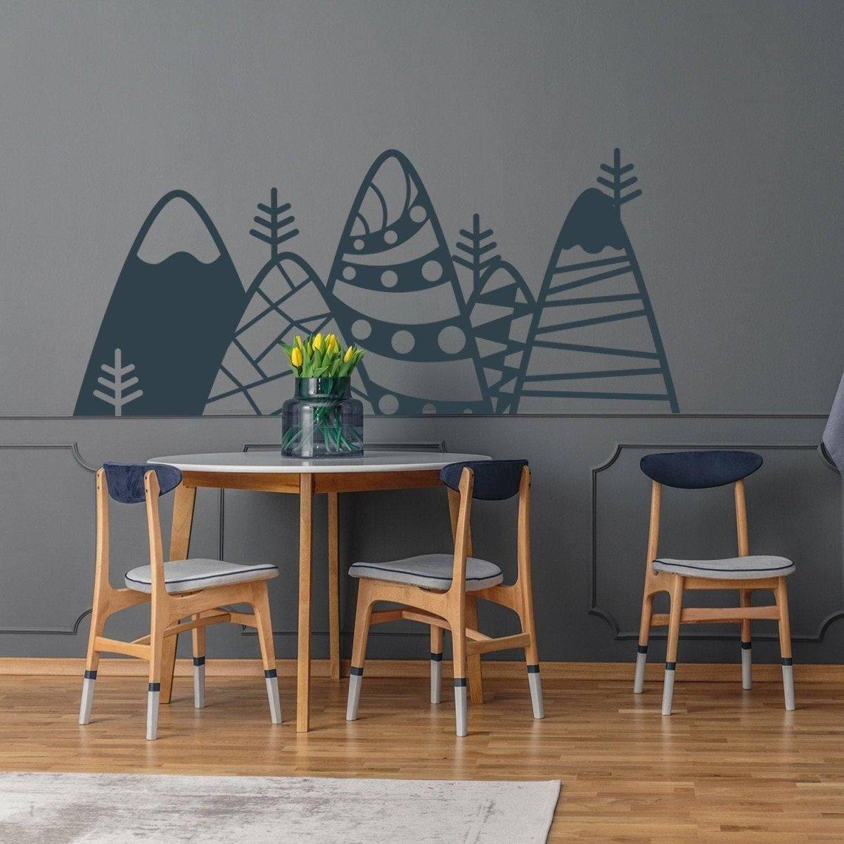 Stylish Peaks Wall Sticker design on gray wall, enhancing cozy dining space with modern decor.