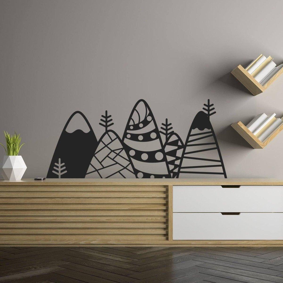 Stylish black mountain wall sticker featuring unique patterns and trees.
