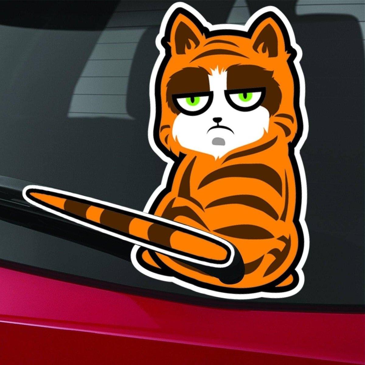 Playful cat rear window decal with wiper sticker, featuring a humorous expression and vibrant orange stripes.