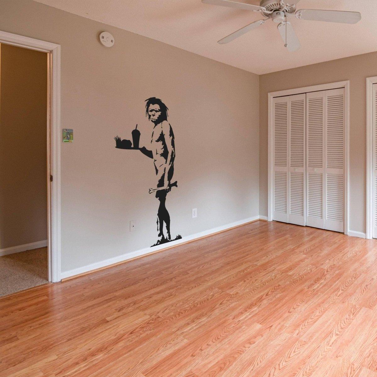 Caveman jokes vinyl wall sticker in a modern room, adding humor and a unique touch to the interior design.