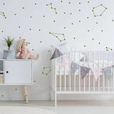 Celestial-themed vinyl wall stickers featuring constellations and stars in a nursery setup with a crib.