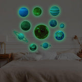 Glow in the dark solar system wall stickers on bedroom wall, featuring planets and stars for celestial decor.