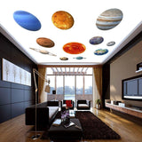 Colorful solar system wall decals featuring planets on a ceiling in a modern living room.