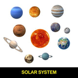 Colorful illustration of the Solar System featuring all planets and the sun.