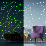 Glow-in-the-dark zodiac star wall decals in a child's room, featuring constellations and stars on a lively wall.