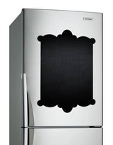 Magnetic chalkboard sticker on a stainless steel refrigerator for notes and creative designs.