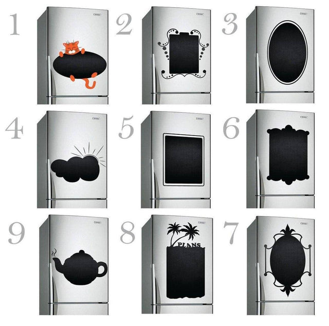 Variety of magnetic chalkboard stickers for refrigerators with fun designs and shapes.