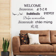 Vinyl wall decals featuring the word 'WELCOME' in multiple languages, adding charm to a modern living room.
