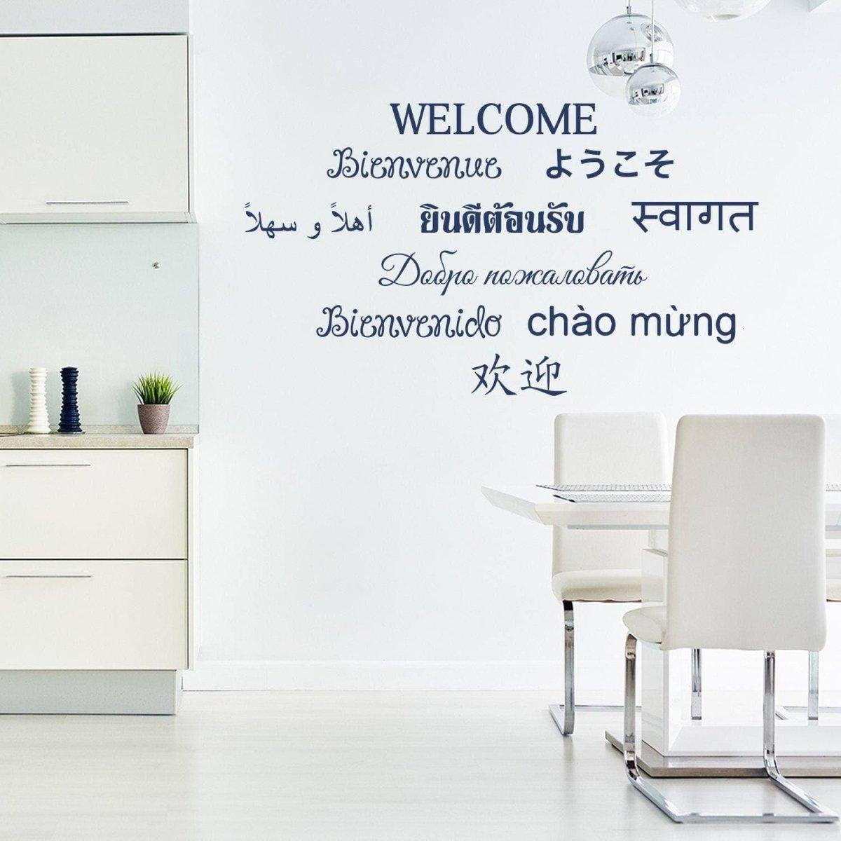 Vinyl wall decals displaying the word 'Welcome' in multiple languages.