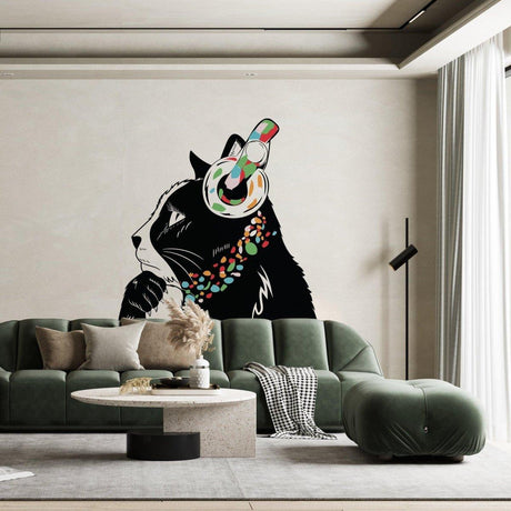 Feline Music Enthusiast wall decal featuring a DJ kitten with headphones.